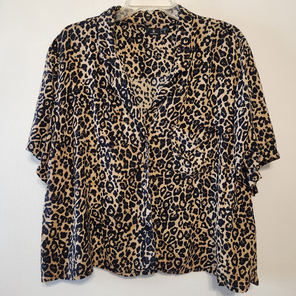 Volcom Leopard Print Cropped Button Down Shirt